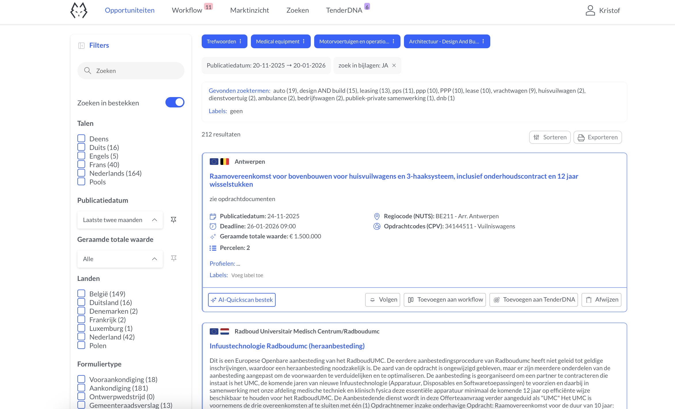 TenderWolf dashboard with tender overview
